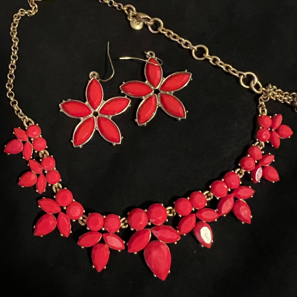 Orange Red J Crew Statement Necklace with Matching Earrings